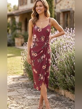 🎀Floral Twist-Front Spaghetti Strap Midi Dress - Burgundy Floral